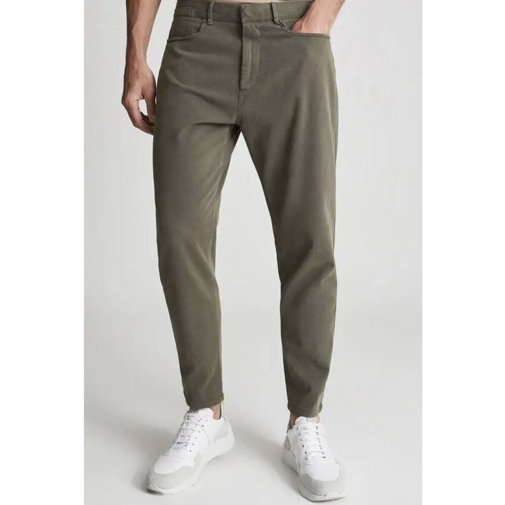 REISS Hammond Brushed Cotton Relaxed Stretch Pant 32 Khaki Minimalist Preppy